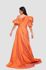 Load image into Gallery viewer, Zara Burnt Orange Taffeta Asymmetrical Pleated Bodice With Puff Sleeves Gown