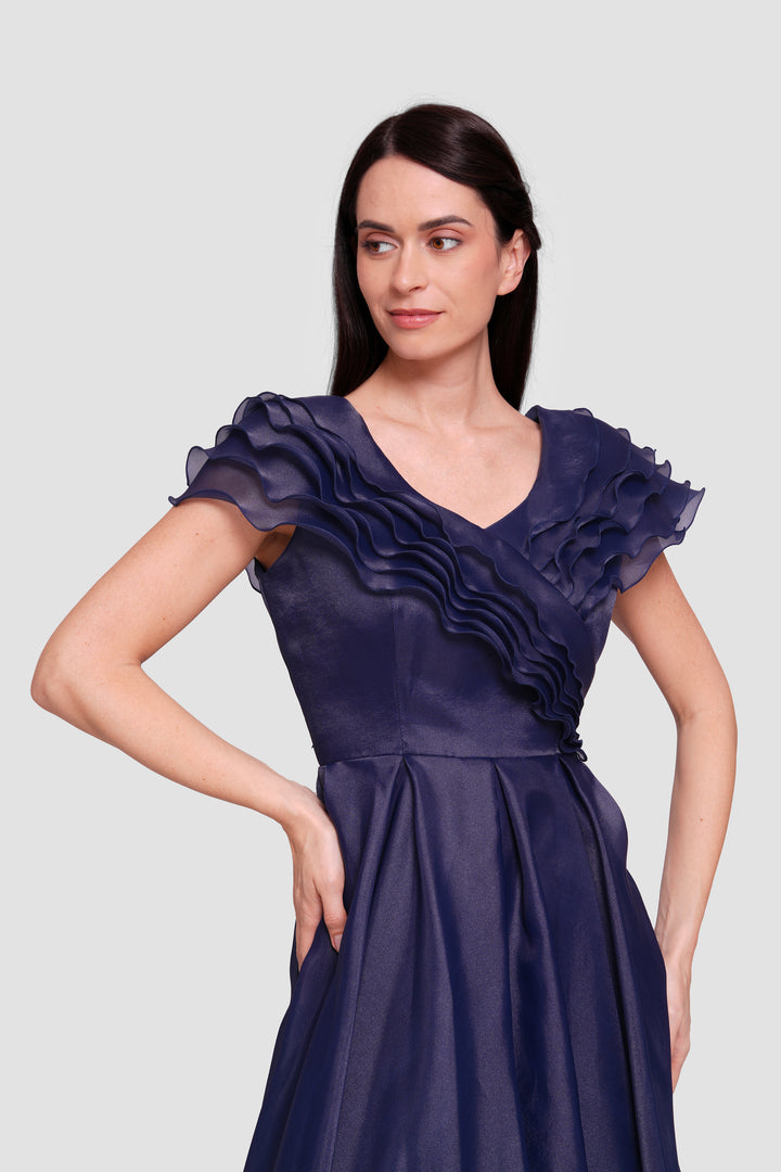 Elisa Deep Navy Blue Organza Maxi Dress With Ruffles