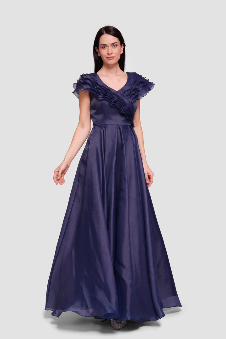 Elisa Deep Navy Blue Organza Maxi Dress With Ruffles
