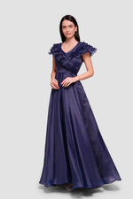 Load image into Gallery viewer, Elisa Deep Navy Blue Organza Maxi Dress With Ruffles