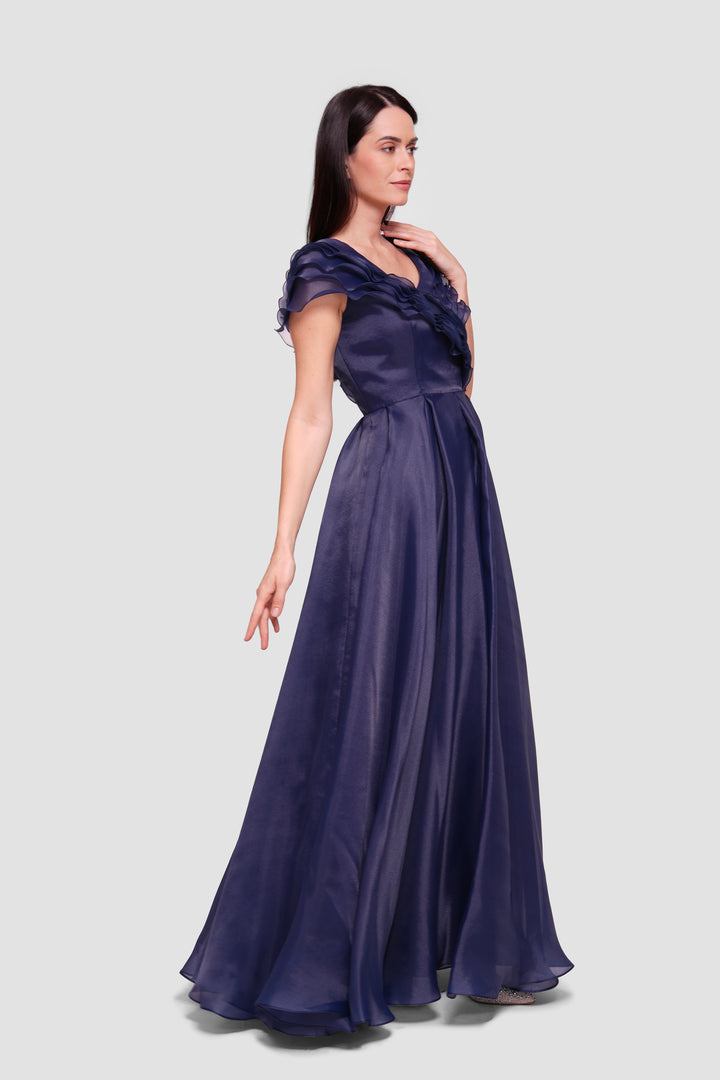Elisa Deep Navy Blue Organza Maxi Dress With Ruffles