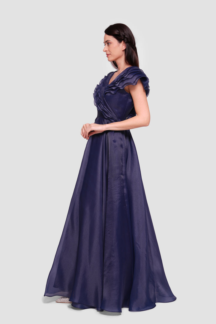 Elisa Deep Navy Blue Organza Maxi Dress With Ruffles