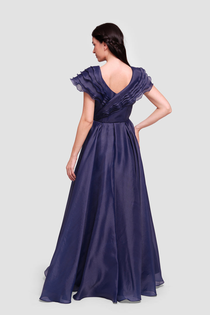 Elisa Deep Navy Blue Organza Maxi Dress With Ruffles