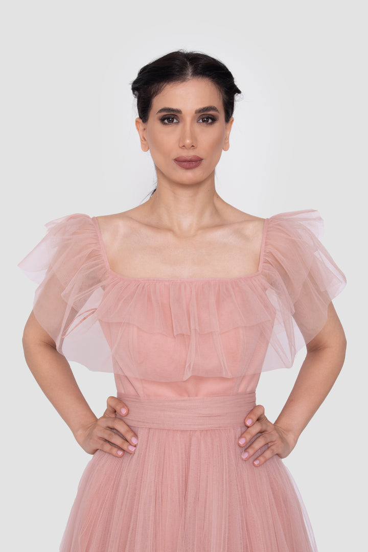 Mireya Blush Pink Tulle Off-Shoulder Gown