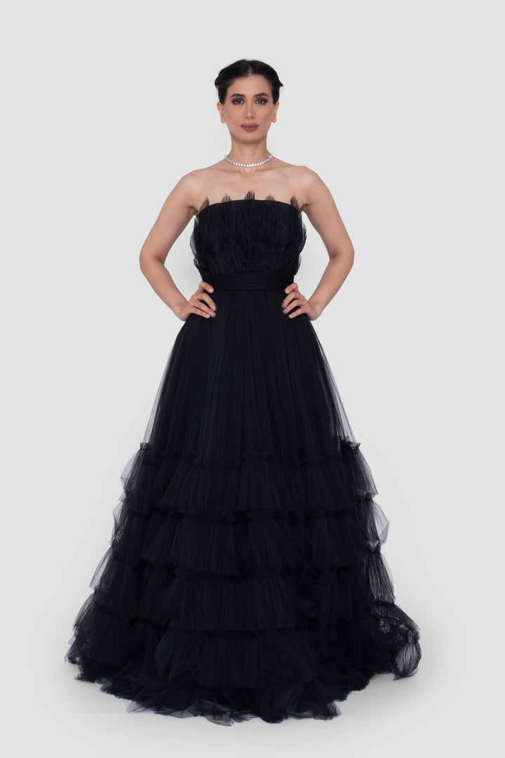 Anastasia  Black Tulle Strapless Gown With Structured Sheer Tulle Detail