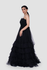 Load image into Gallery viewer, Anastasia  Black Tulle Strapless Gown With Structured Sheer Tulle Detail