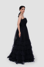Load image into Gallery viewer, Anastasia  Black Tulle Strapless Gown With Structured Sheer Tulle Detail