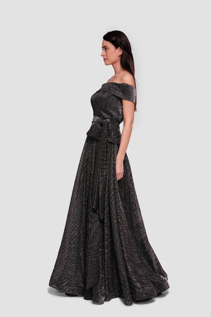 Kim Black And Silver Accents Off-shoulder Corset Maxi Dress