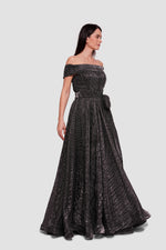 Load image into Gallery viewer, Kim Black And Silver Accents Off-shoulder Corset Maxi Dress