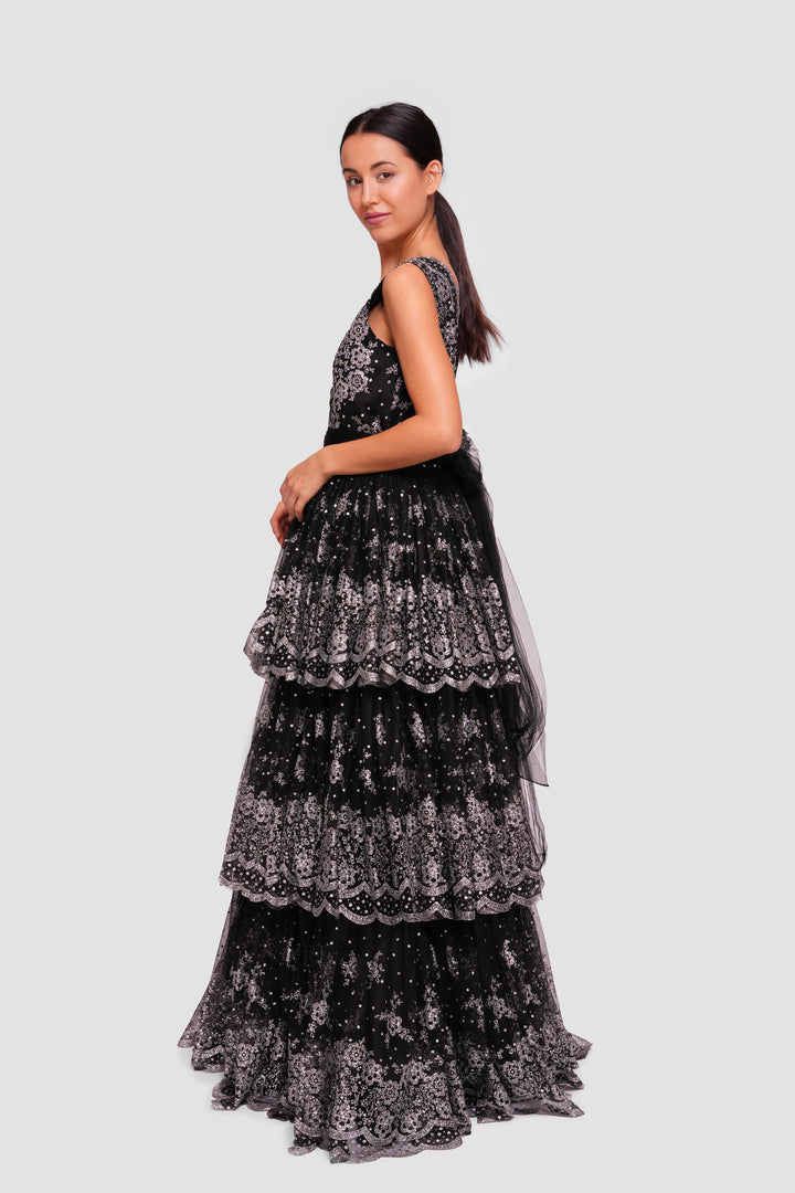 Nora Black Tulle With Floral Glitter Sleeveless Maxi Dress