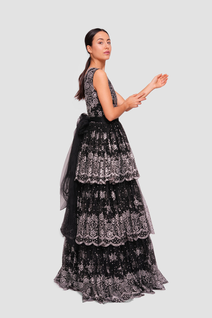Nora Black Tulle With Floral Glitter Sleeveless Maxi Dress