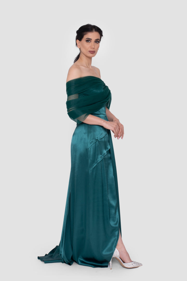 Ruelle Emerald Green Off-Shoulder Corset Gown