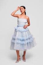 Load image into Gallery viewer, Mila Sky Blue With Gold Shimmer Strapless Midi Dress With Ruffles