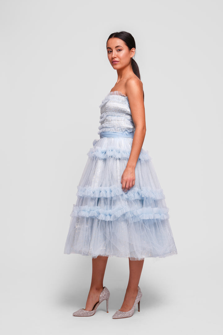 Mila Sky Blue With Gold Shimmer Strapless Midi Dress With Ruffles