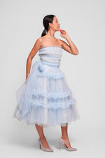 Load image into Gallery viewer, Mila Sky Blue With Gold Shimmer Strapless Midi Dress With Ruffles