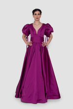 Load image into Gallery viewer, Thalia Rich Violet Taffeta V-Neckline Gown With Short Puff Sleeves