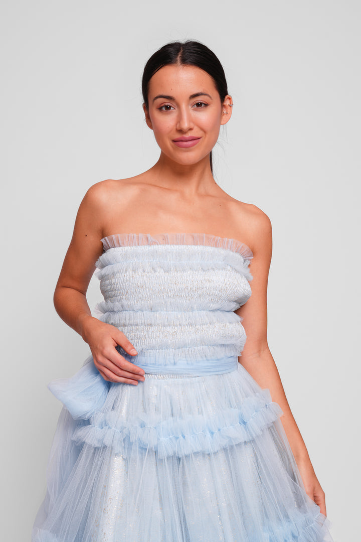 Mila Sky Blue With Gold Shimmer Strapless Midi Dress With Ruffles