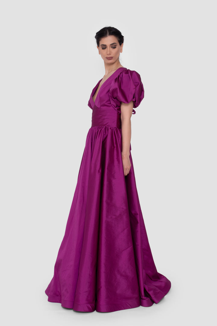 Thalia Rich Violet Taffeta V-Neckline Gown With Short Puff Sleeves