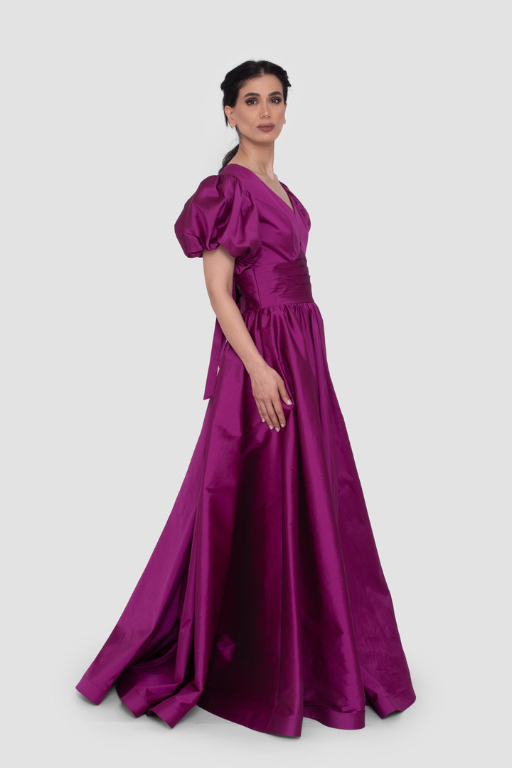 Thalia Rich Violet Taffeta V-Neckline Gown With Short Puff Sleeves