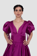 Load image into Gallery viewer, Thalia Rich Violet Taffeta V-Neckline Gown With Short Puff Sleeves