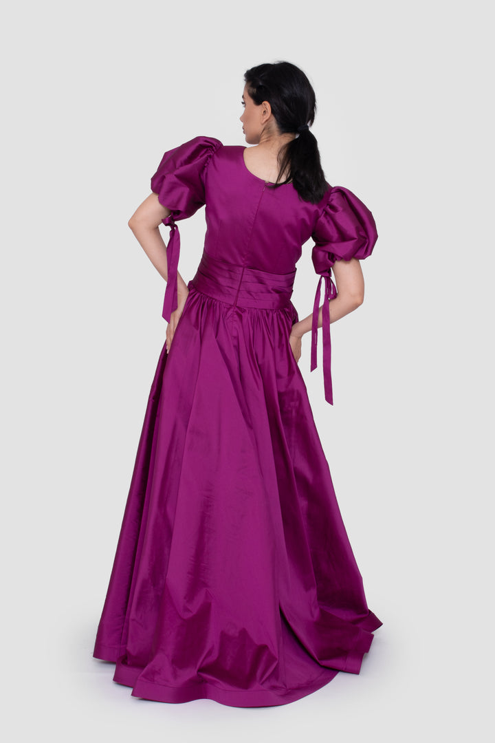 Thalia Rich Violet Taffeta V-Neckline Gown With Short Puff Sleeves