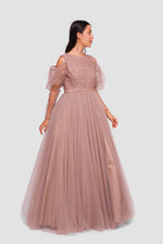 Load image into Gallery viewer, Madison Taupe Beige Tulle Off-shoulder Puff Tulle Sleeves Maxi Dress