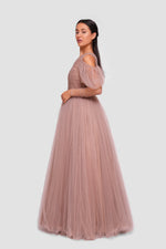 Load image into Gallery viewer, Madison Taupe Beige Tulle Off-shoulder Puff Tulle Sleeves Maxi Dress