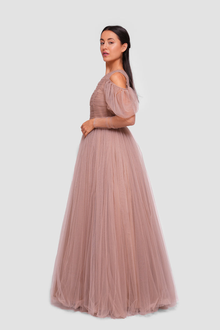 Madison Taupe Beige Tulle Off-shoulder Puff Tulle Sleeves Maxi Dress
