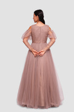 Load image into Gallery viewer, Madison Taupe Beige Tulle Off-shoulder Puff Tulle Sleeves Maxi Dress
