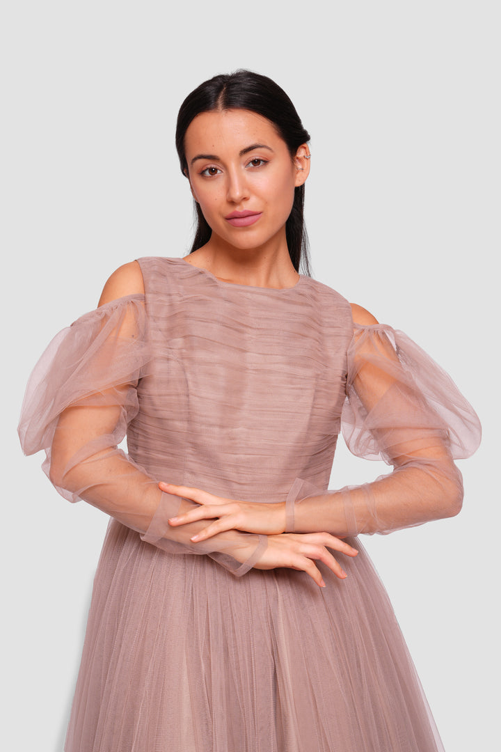 Madison Taupe Beige Tulle Off-shoulder Puff Tulle Sleeves Maxi Dress