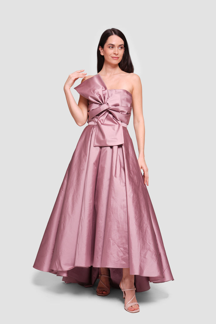 Marina Dusty Mauve Strapless Corset Maxi Dress With Oversized Bow