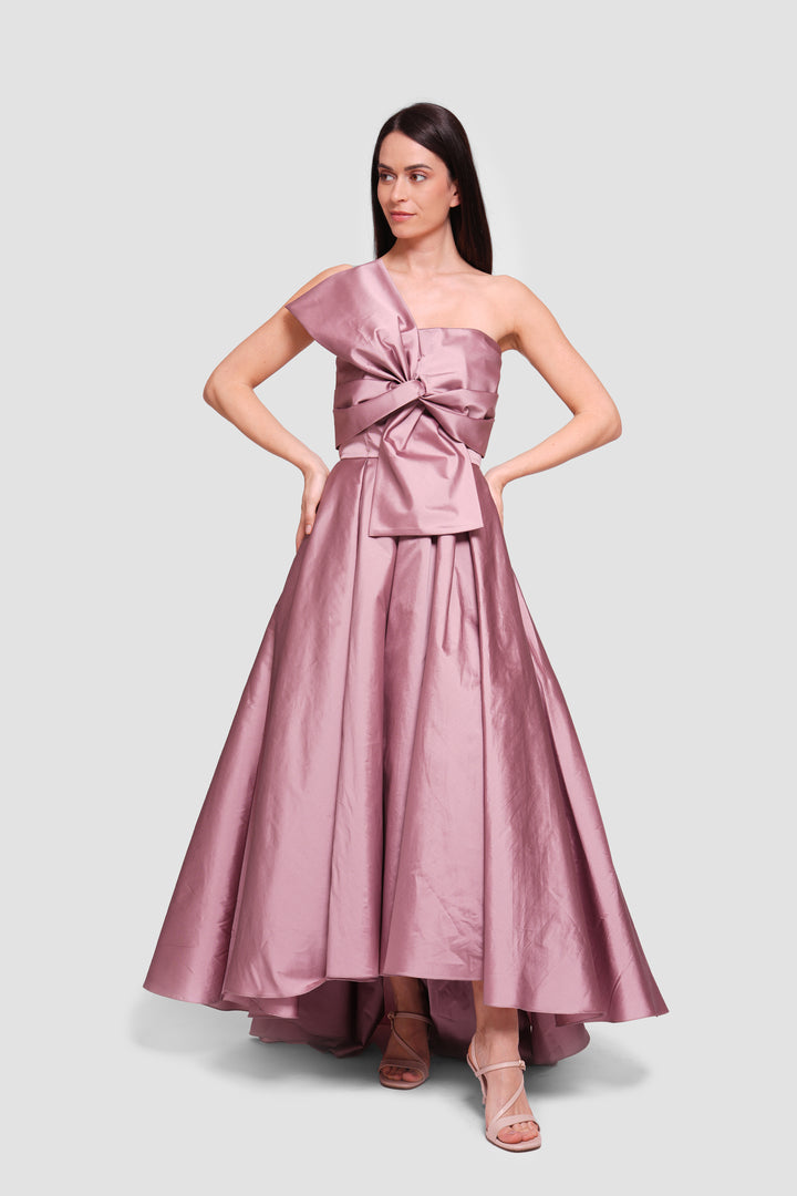 Marina Dusty Mauve Strapless Corset Maxi Dress With Oversized Bow