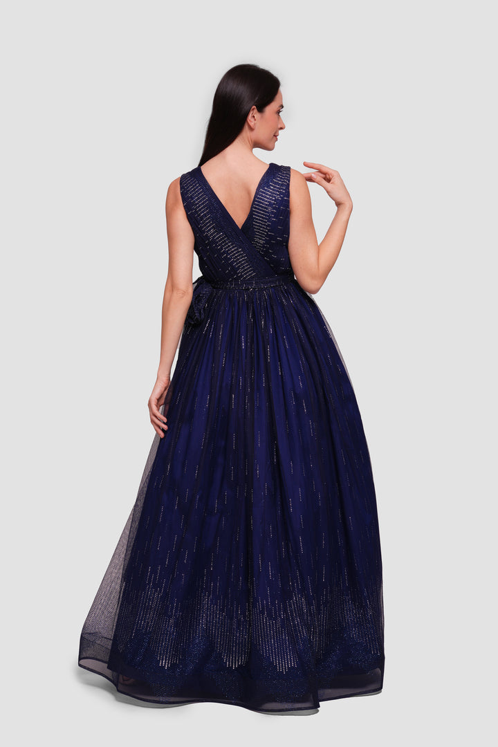 Noura Deep Navy Blue Fabric Sleeveless Pleated Maxi Dress