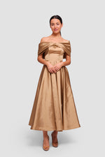 Load image into Gallery viewer, Melanie Golden Mustard Corset Maxi Dress With Pleated Bow Bodice