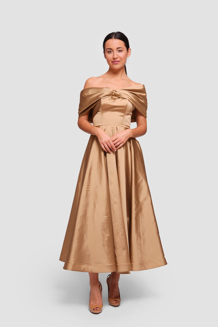 Melanie Golden Mustard Corset Maxi Dress With Pleated Bow Bodice