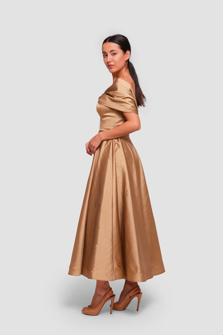 Melanie Golden Mustard Corset Maxi Dress With Pleated Bow Bodice