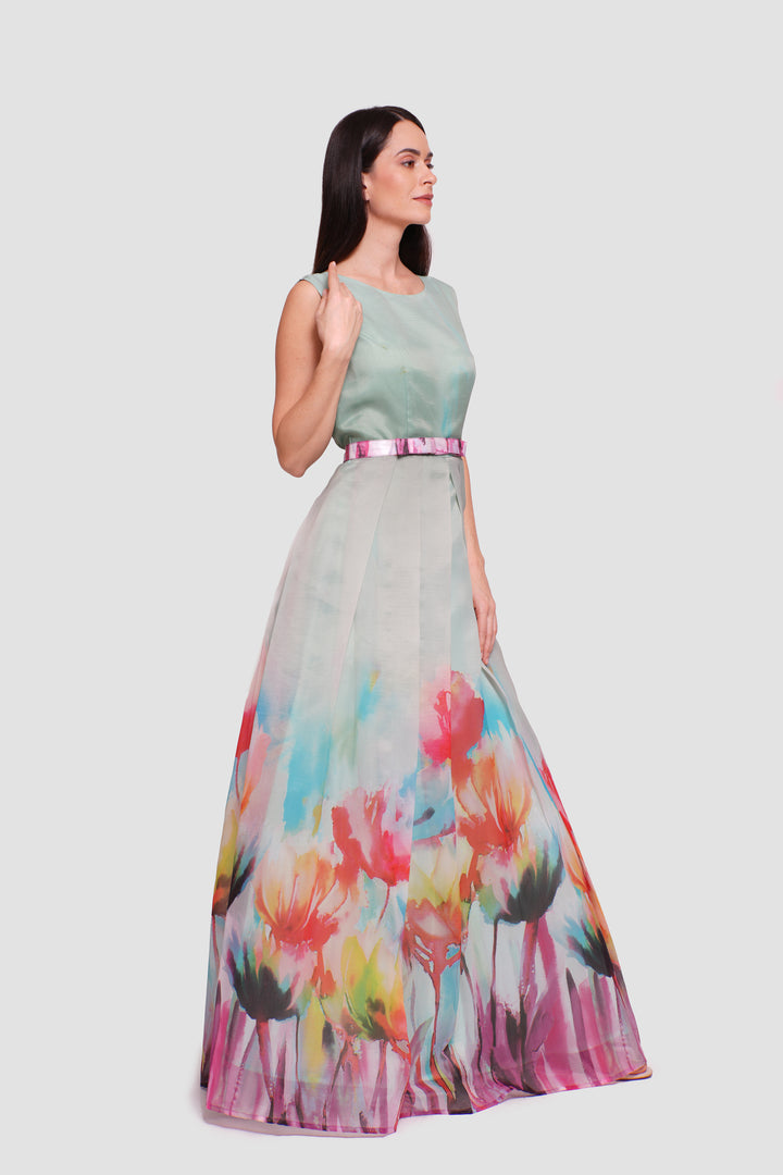 Abby Ombre Floral Print Pleated Sleeveless Maxi Dress