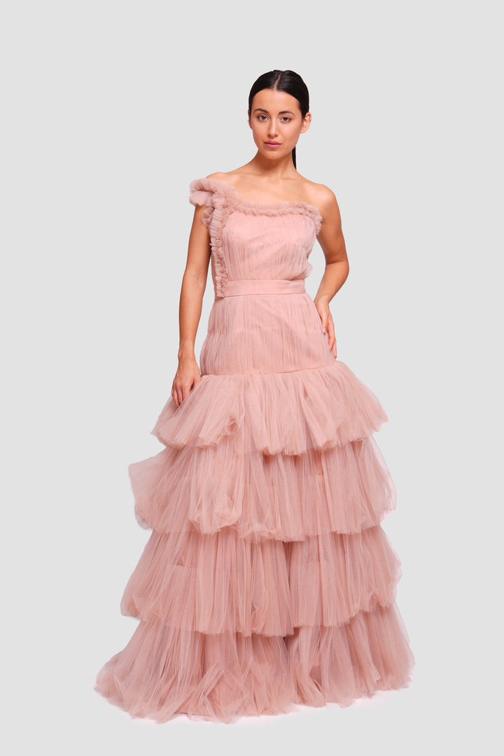 Sam Rosewood Tulle One-shoulder Ruffled Maxi Dress