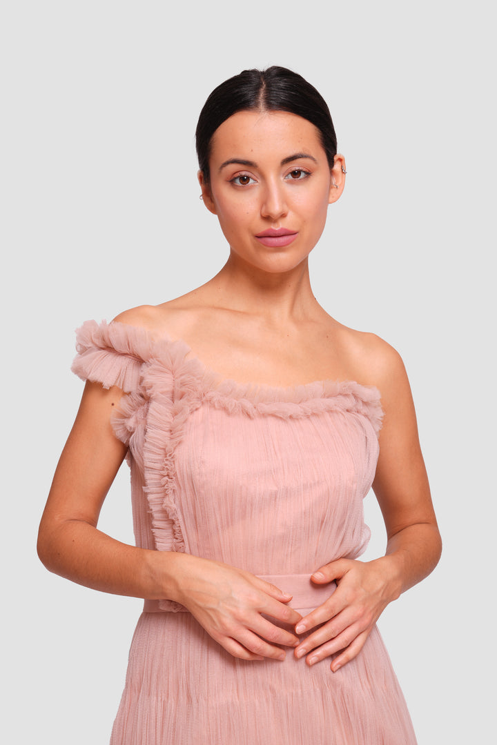 Sam Rosewood Tulle One-shoulder Ruffled Maxi Dress