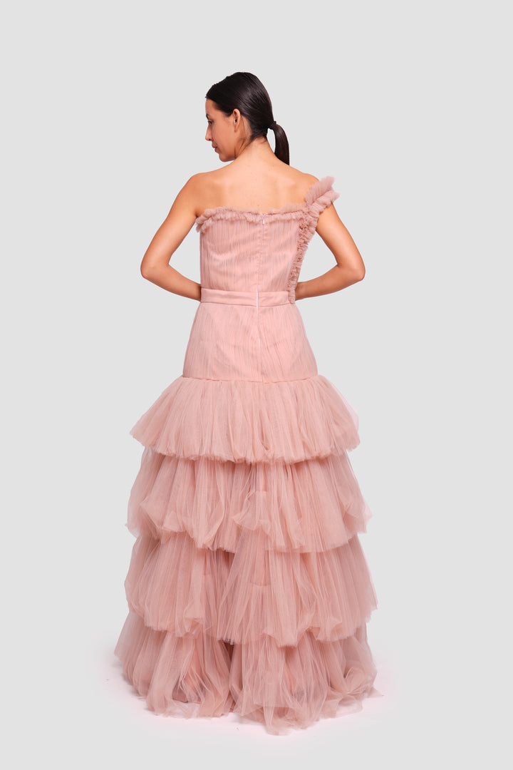 Sam Rosewood Tulle One-shoulder Ruffled Maxi Dress