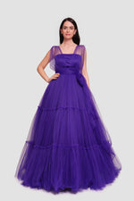Load image into Gallery viewer, Tyara Vibrant Royal Purple Tulle Corset Maxi Dress With Sheer Shoulder Straps