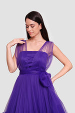 Load image into Gallery viewer, Tyara Vibrant Royal Purple Tulle Corset Maxi Dress With Sheer Shoulder Straps