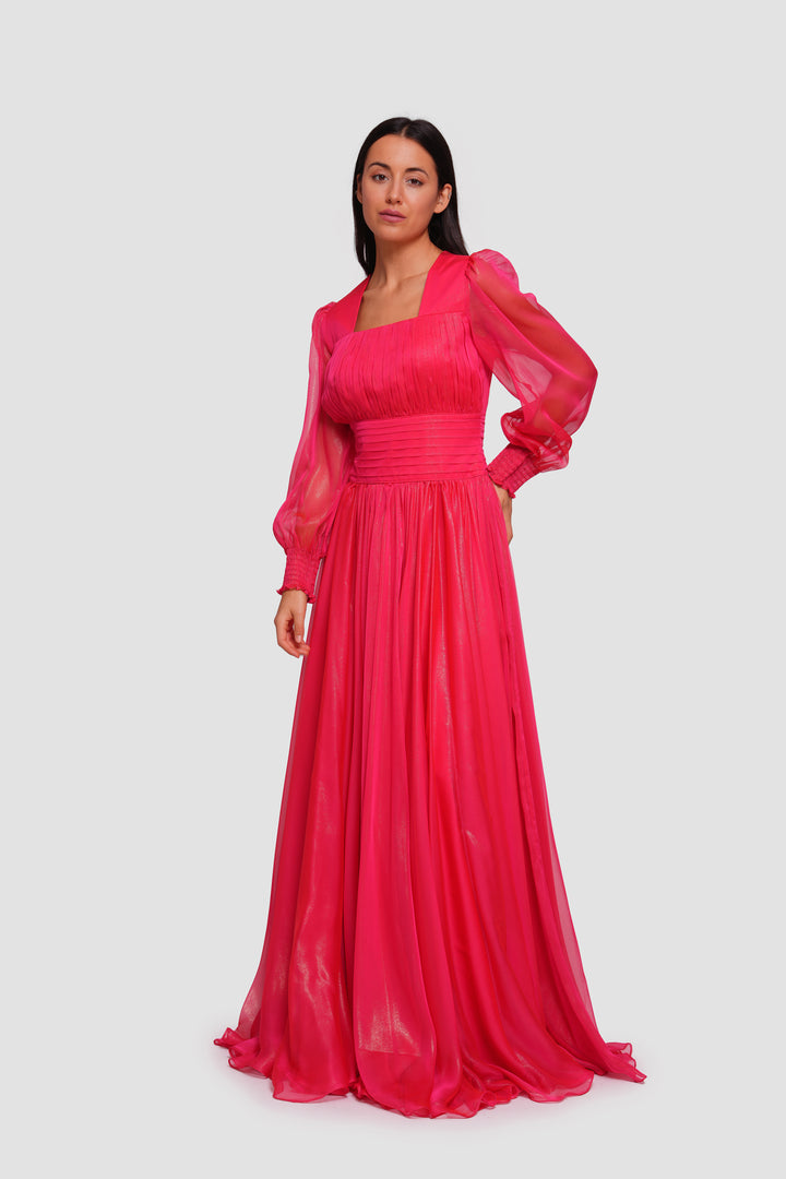Sally Crimson Red Shimmer Georgette Gathered Maxi Dress With Long Sleeves