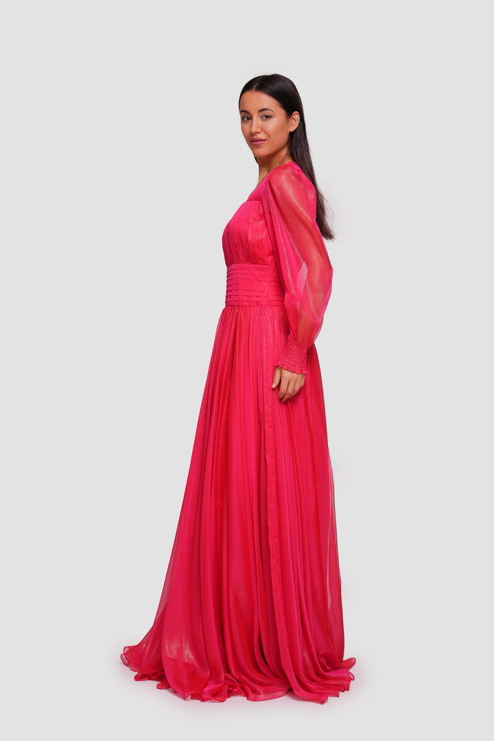 Sally Crimson Red Shimmer Georgette Gathered Maxi Dress With Long Sleeves