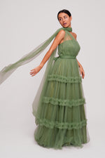 Load image into Gallery viewer, Tiana Riche Olive Green Tulle Strapless Corset Maxi Dress With Ruffles