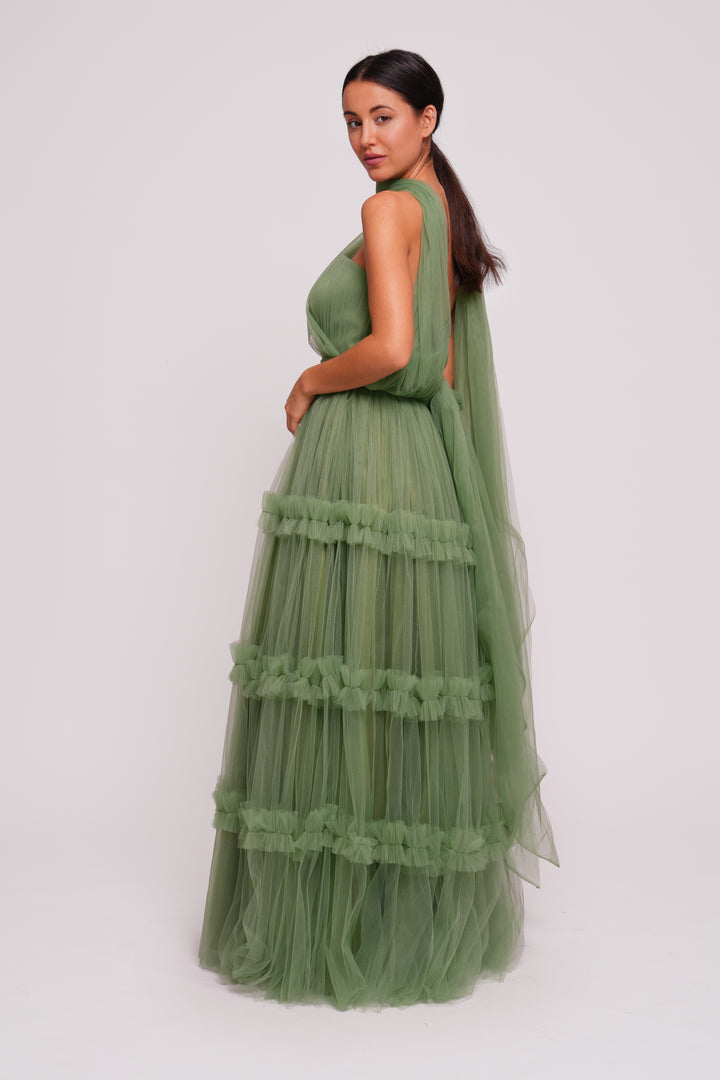 Tiana Riche Olive Green Tulle Strapless Corset Maxi Dress With Ruffles