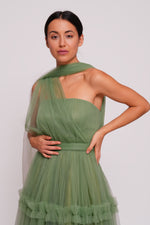 Load image into Gallery viewer, Tiana Riche Olive Green Tulle Strapless Corset Maxi Dress With Ruffles