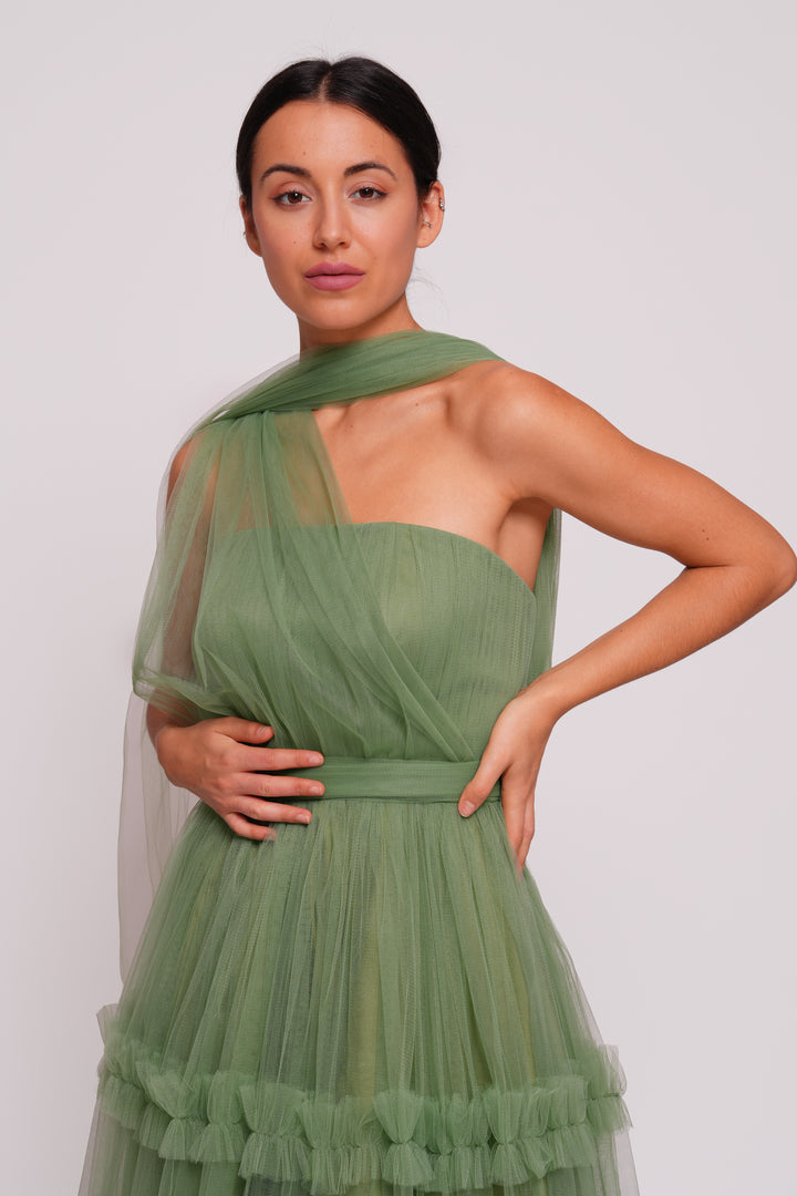 Tiana Riche Olive Green Tulle Strapless Corset Maxi Dress With Ruffles