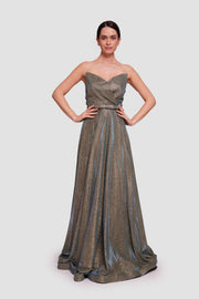 Nicole Metallic Gold Fabric With Subtle Blue Shimmer Sweetheart Structured Neckline Corset Maxi Dress
