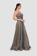 Load image into Gallery viewer, Nicole Metallic Gold Fabric With Subtle Blue Shimmer Sweetheart Structured Neckline Corset Maxi Dress